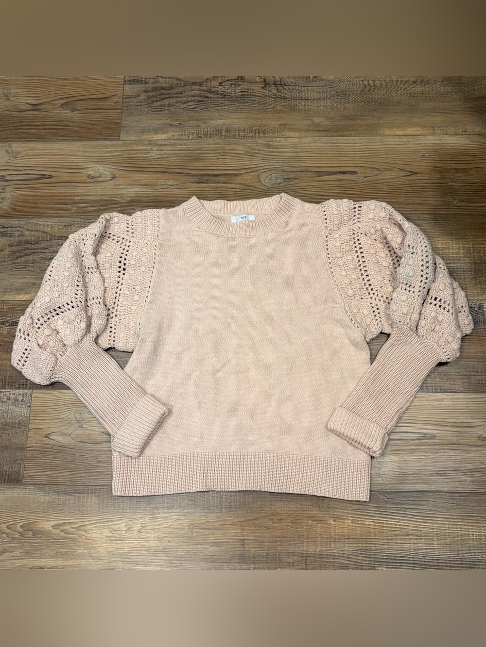 Fate Puff crochet knit Sleeve Crewneck Sweater in Blush